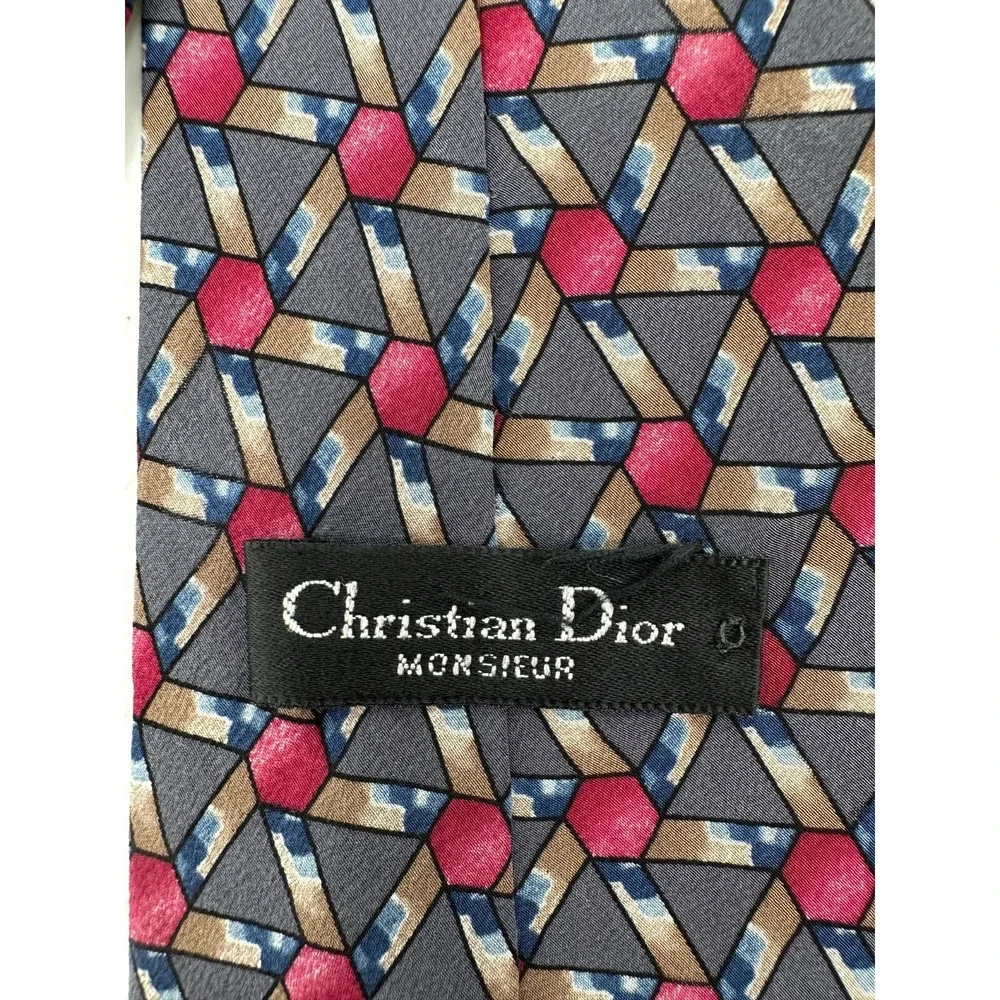 Christian Dior Monsieur Men's Neck Tie One Size Gray Geometric Print 100% Silk